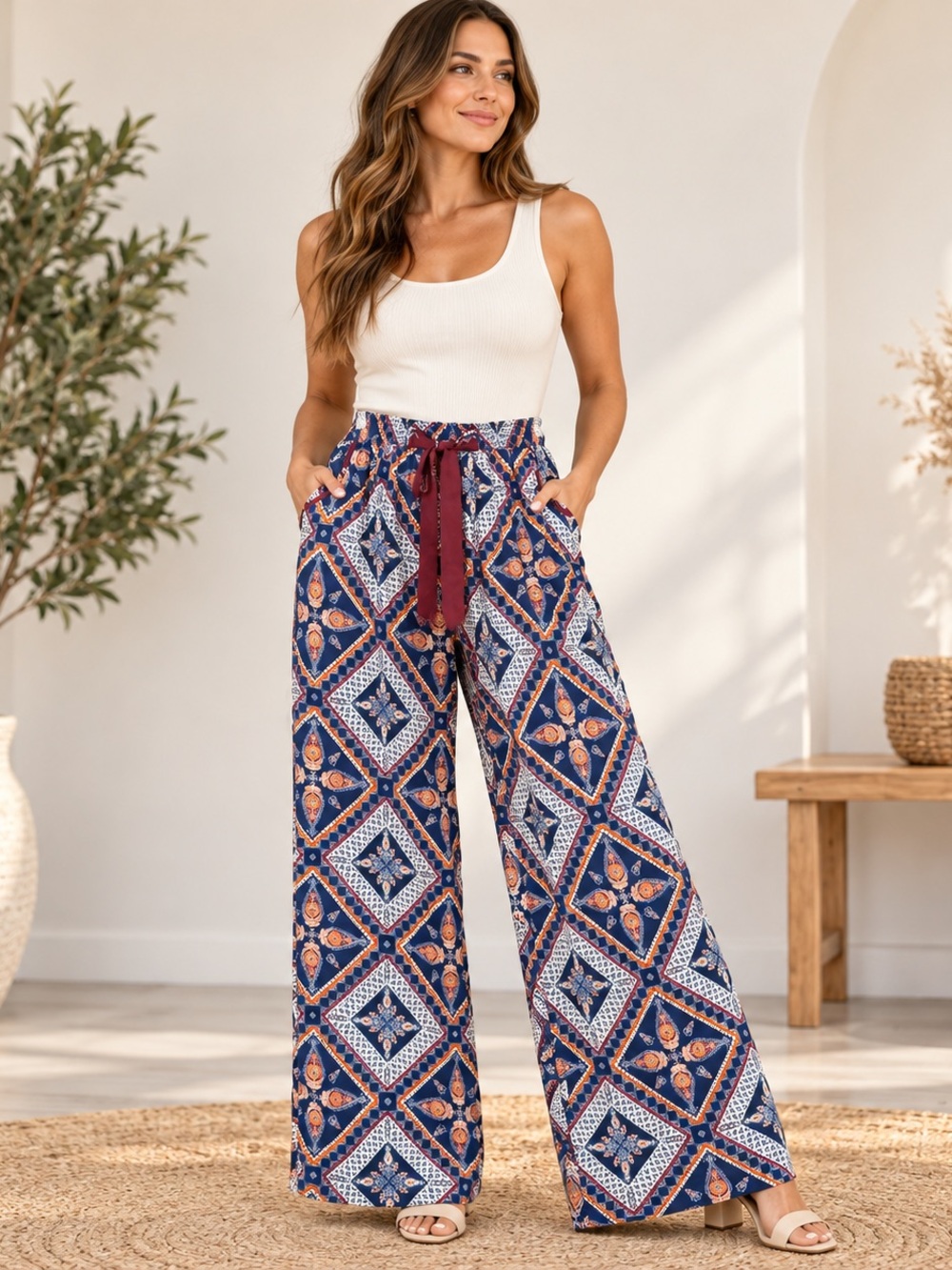 Boho Paisley Wide Leg Pants XL Navy Burgundy Orange Pull On